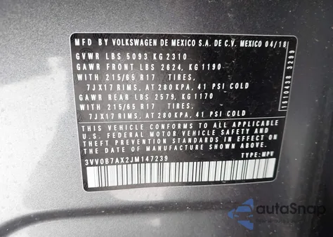 2018 Volkswagen Tiguan 2.0T S из США, поврежденный, VIN 3VV0B7AX2JM147239